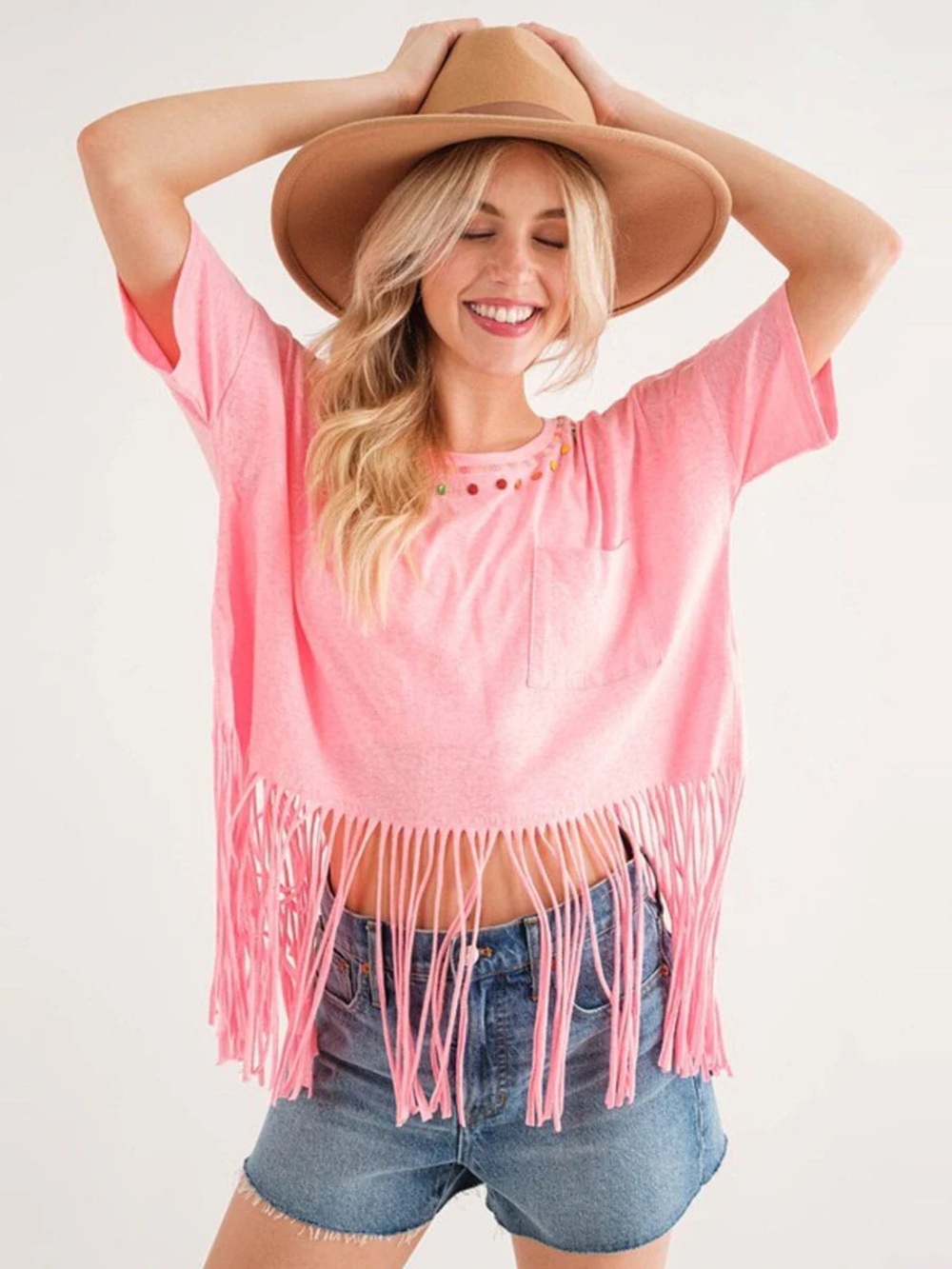 Pink Fringe Crop Tee